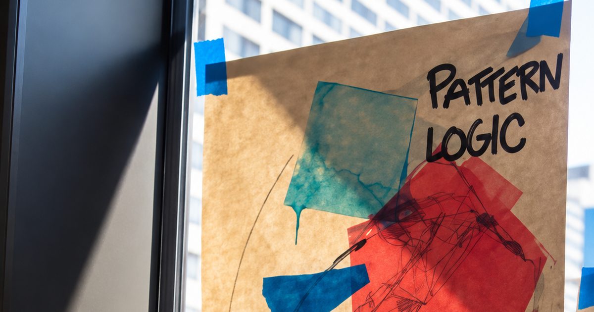 Papelógrafo «Pattern Logic» con formas de colores pegado en una ventana